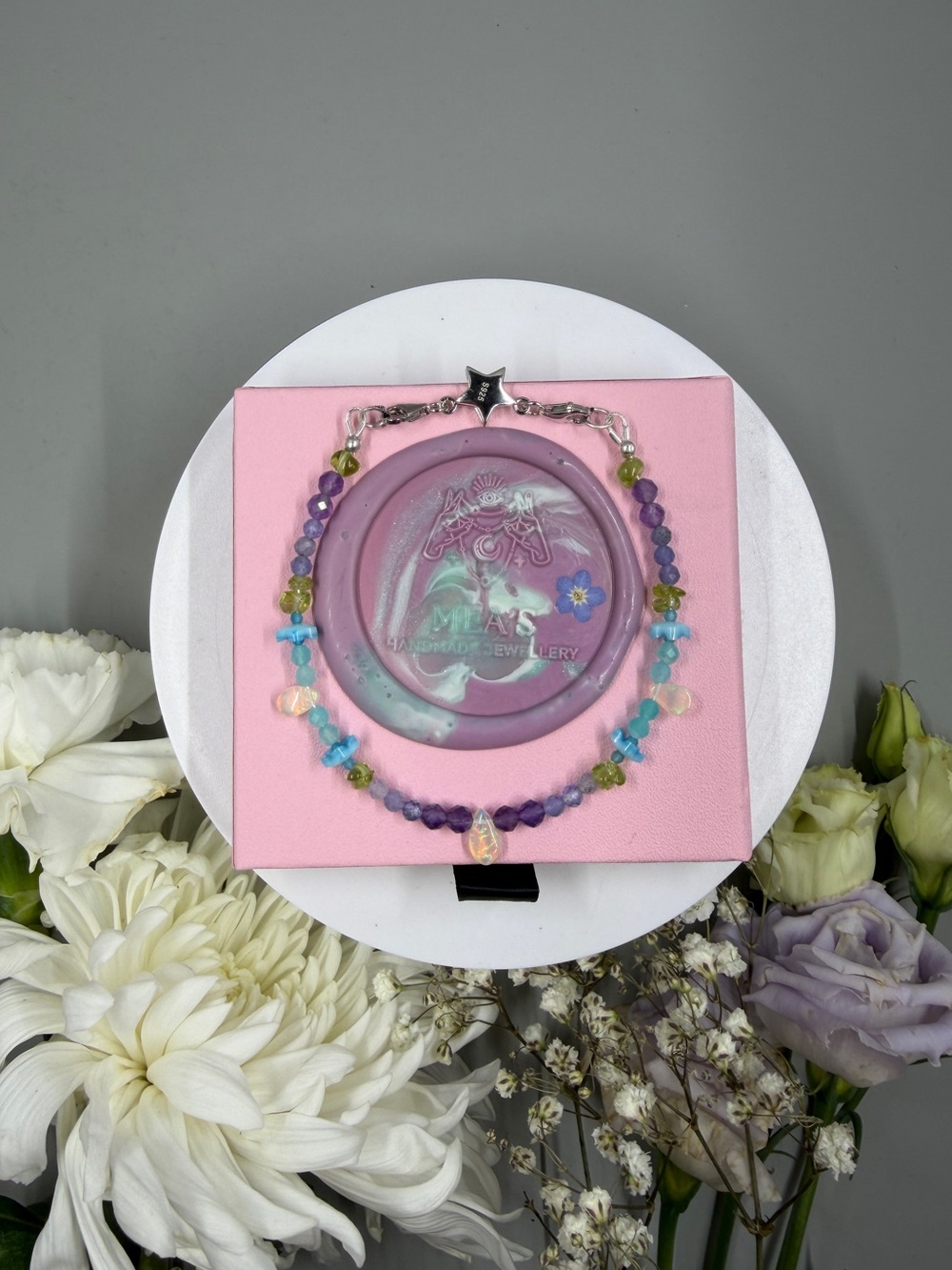 Boutique 925 Sterling Silver & Opal, Amethyst, Tanzanite Forget Me Not Bracelet